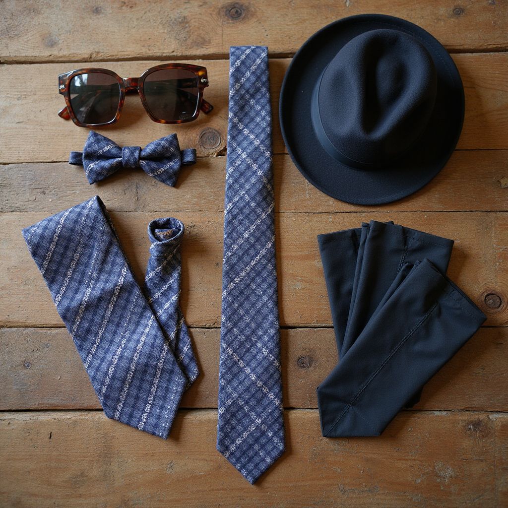 Accessories on wood: sunglasses, bow tie, two neckties, hat, and gloves in shades of blue.