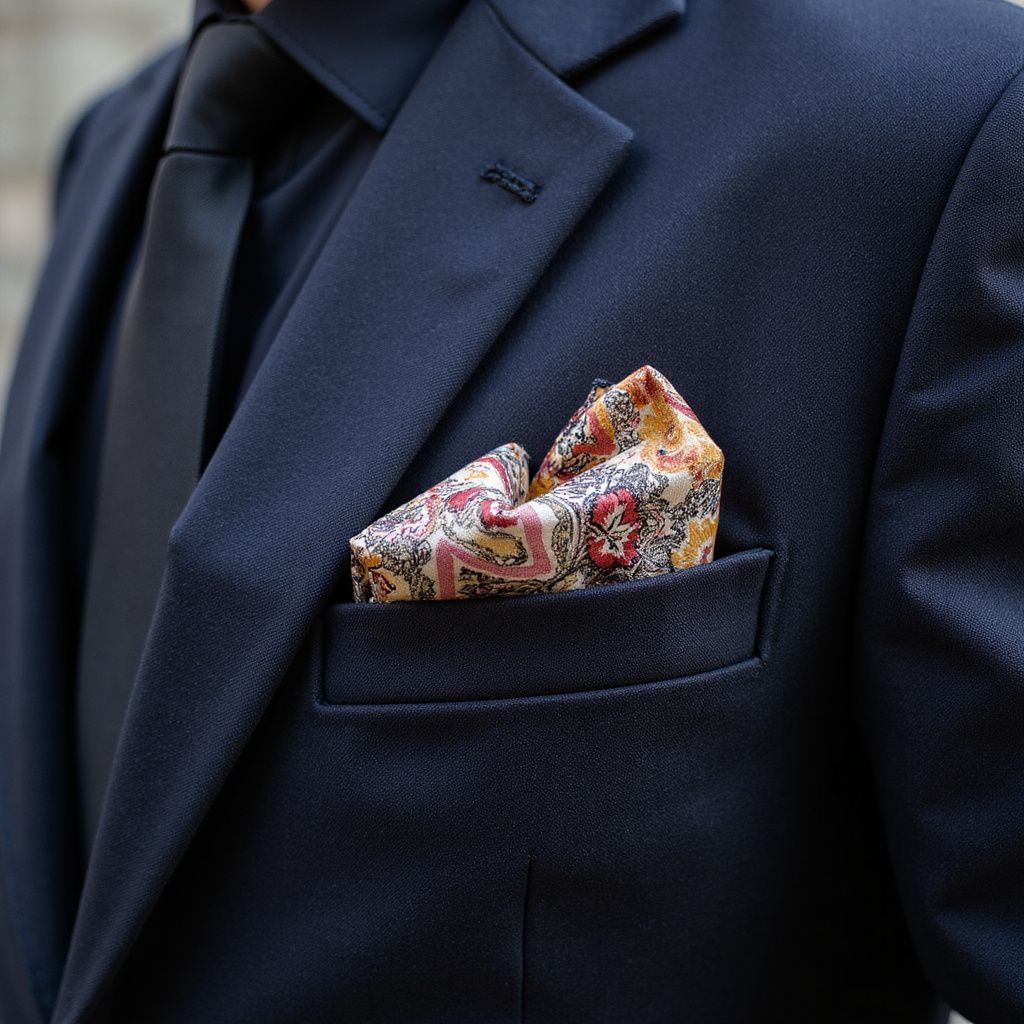 Man in a navy blue suit with a black tie and a paisley pocket square.