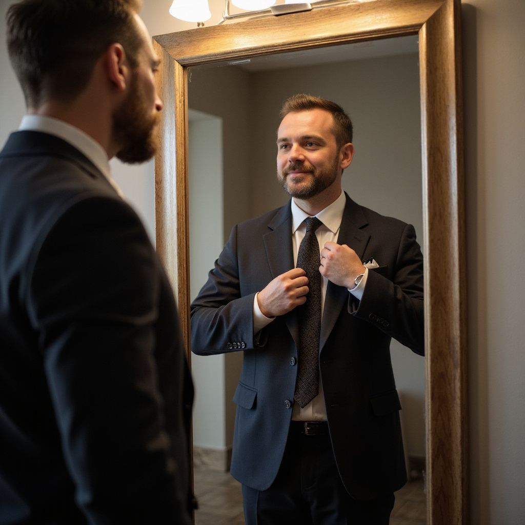 Man in a suit adjusts his tie while looking in a mirror. Neutral expression, interior setting.