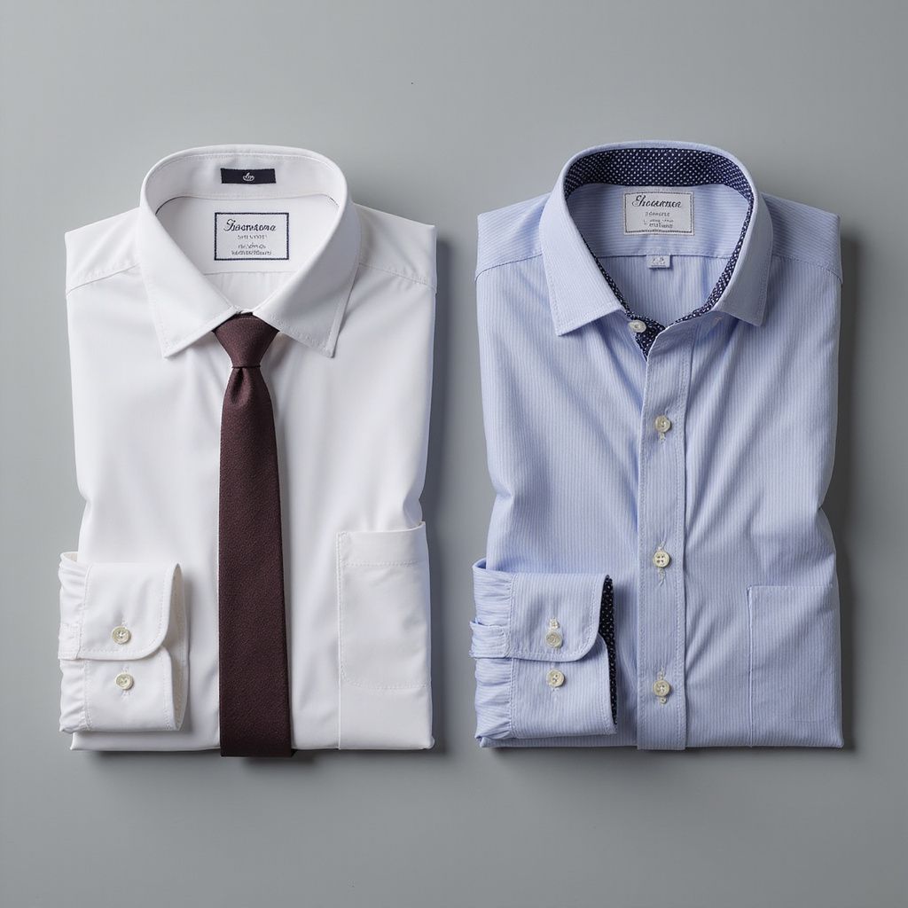 Two neatly folded dress shirts: white with brown tie, and blue with patterned collar.