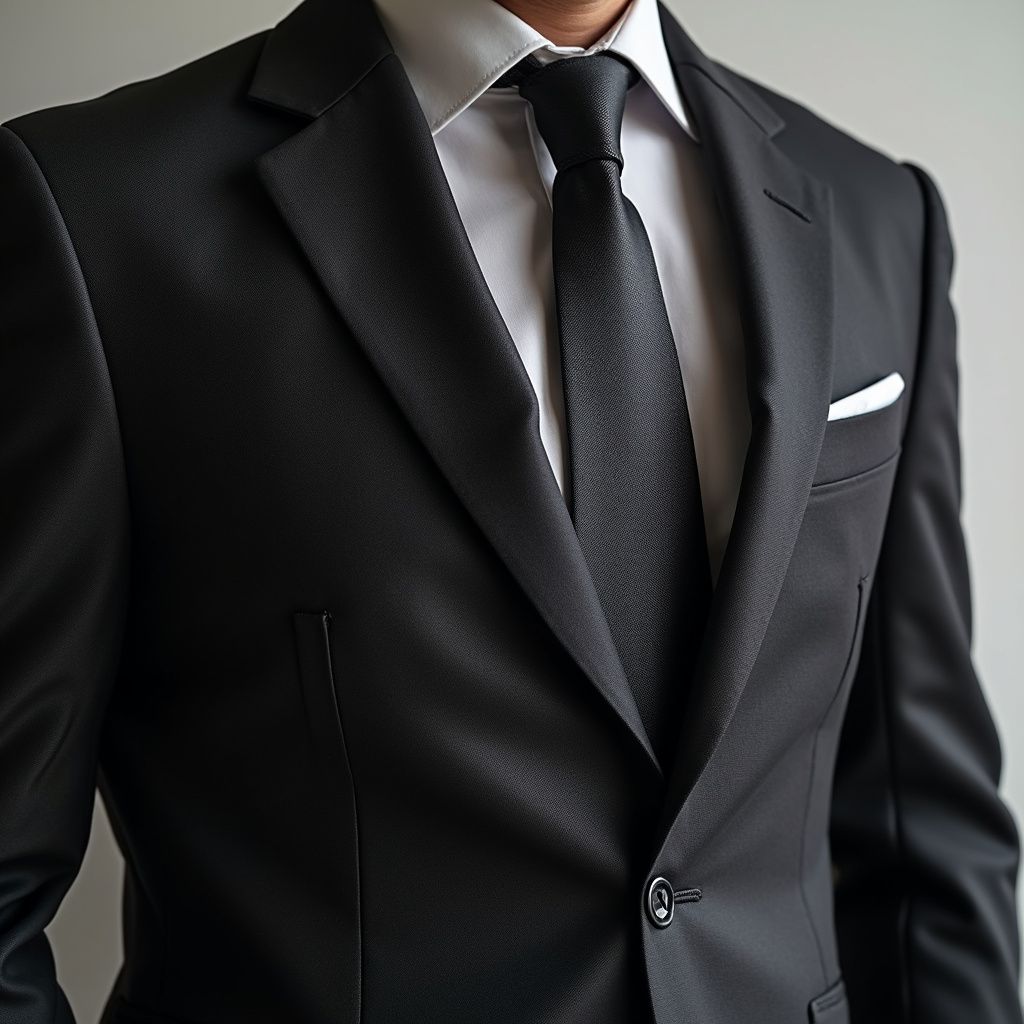 Man in black suit and tie, white shirt, with pocket square.