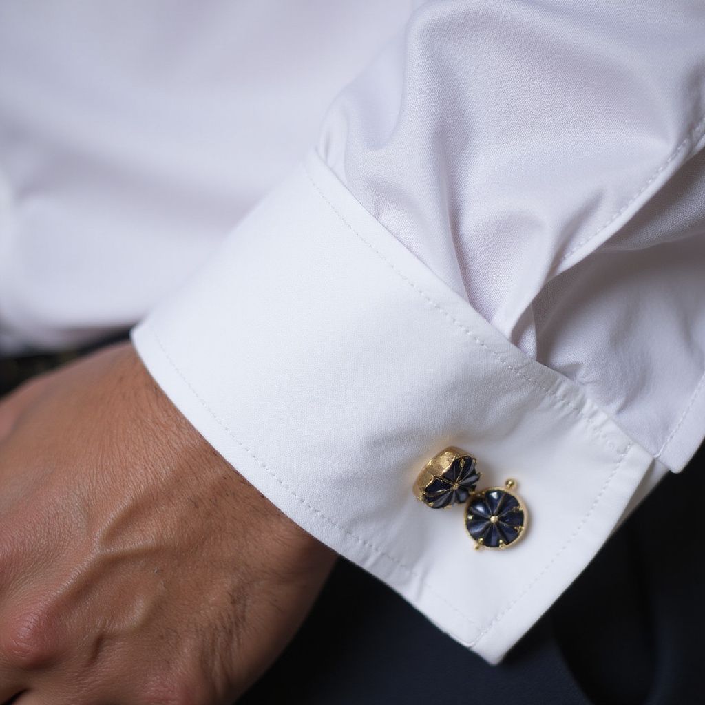 Close-up of a white dress shirt cuff with gold and black cufflinks on a person's wrist.