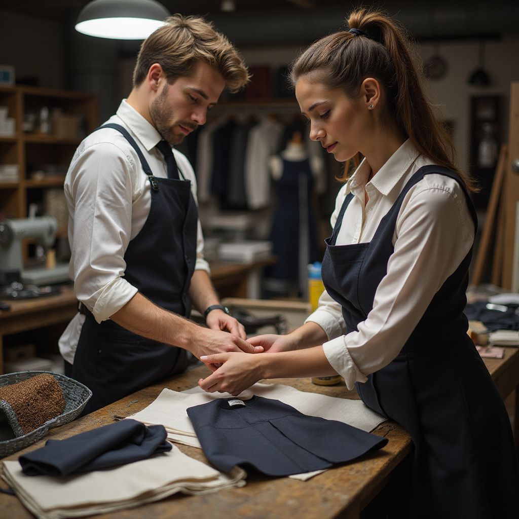 Two people in aprons examine fabric on a workshop table.