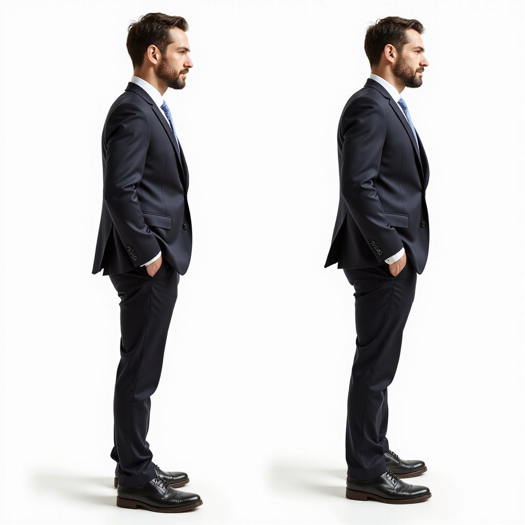 Two men in suits, side-by-side, demonstrating correct vs. incorrect posture.
