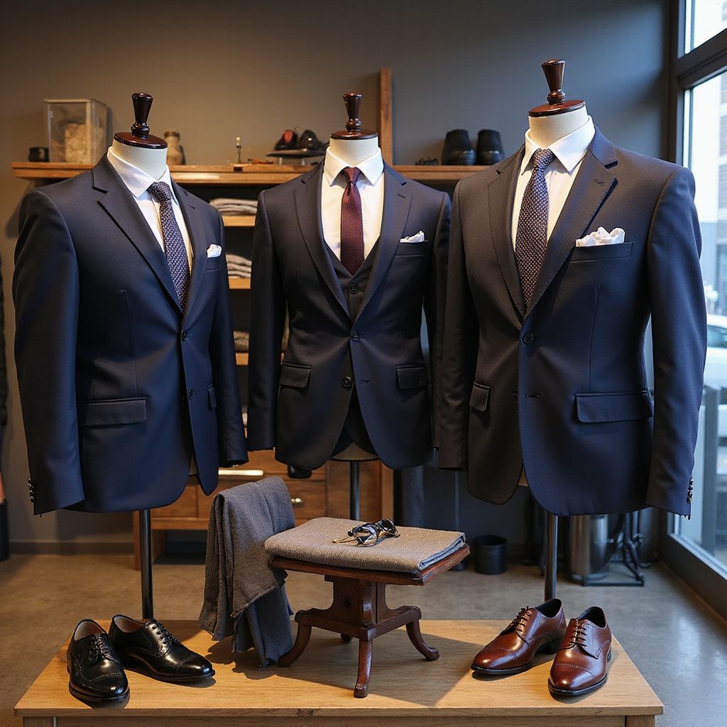 Three suits on mannequins, with matching shoes, displayed on a wooden table in a store.