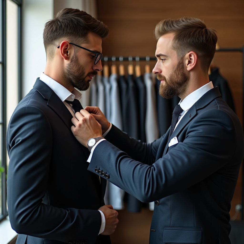 Two men in suits, one adjusting the other's tie in a room with a window and clothing rack.