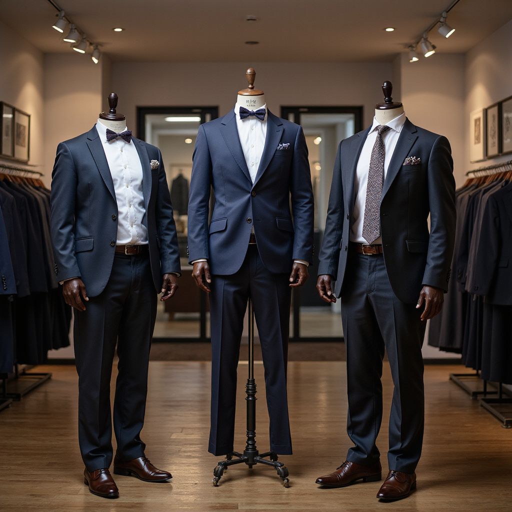 Three suits displayed on mannequins in a clothing store; dark blue, with bowties and ties; wooden floor.