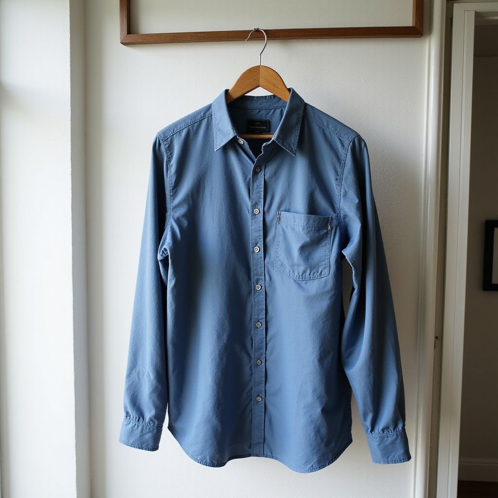 Blue button-down shirt hanging on a wooden hanger against a white wall.