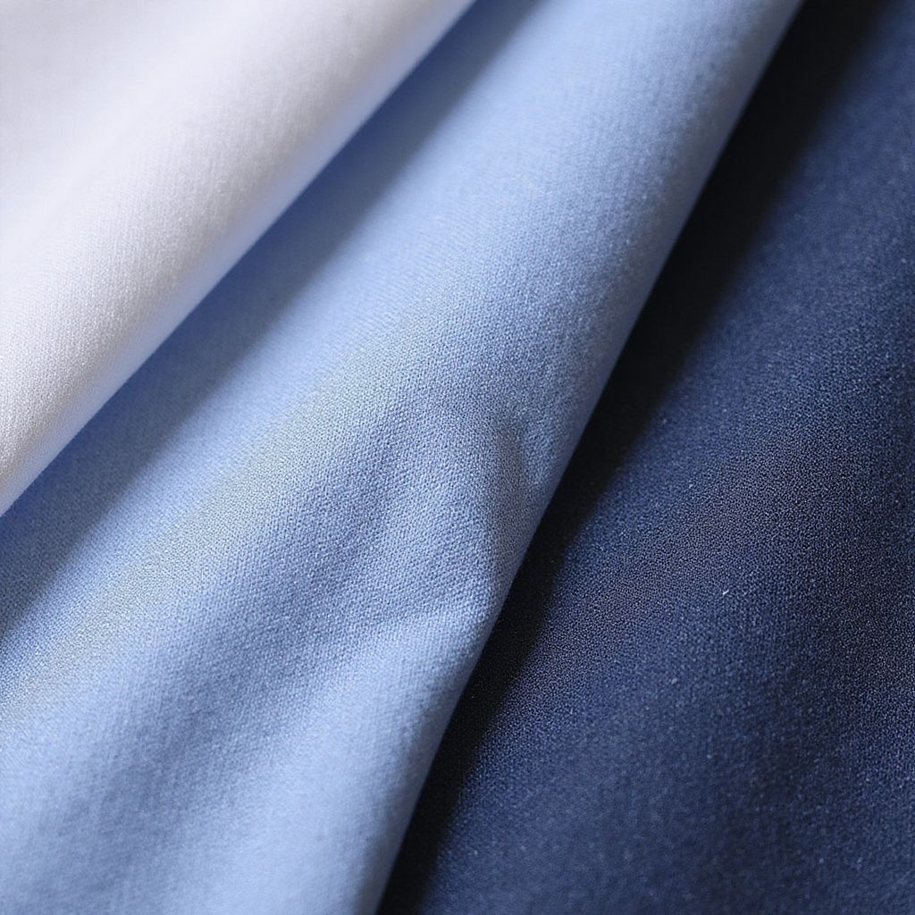 Three swatches of satin fabric: white, light blue, and navy.