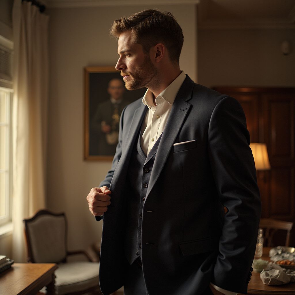Man in a dark suit adjusting his jacket, looking out a window in a room with a painting and table.