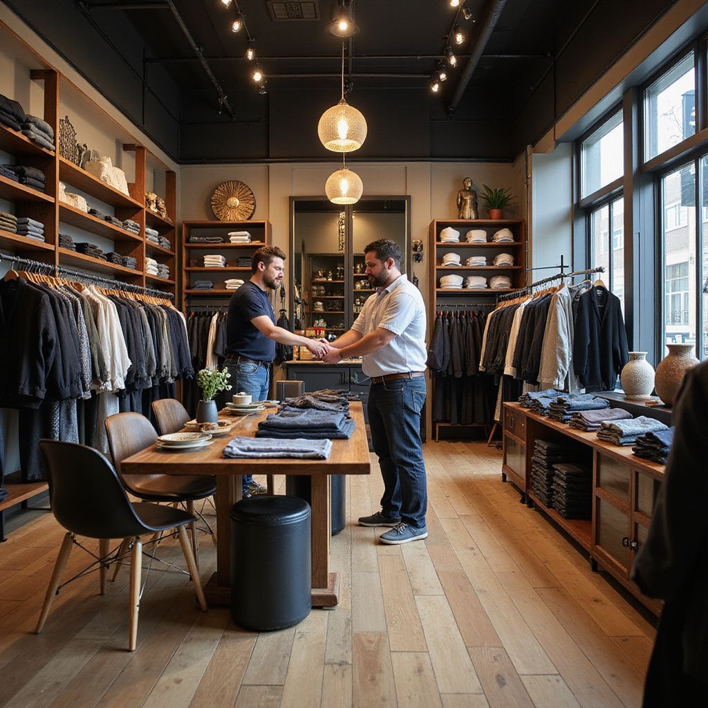 Two men shake hands in a clothing store. Wooden floors, shelves of folded clothes, and hanging garments are visible.