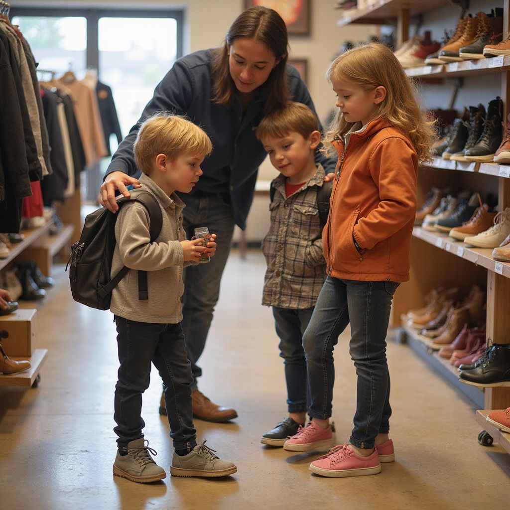 A person helps three children pick out shoes in a store with shelves of footwear.