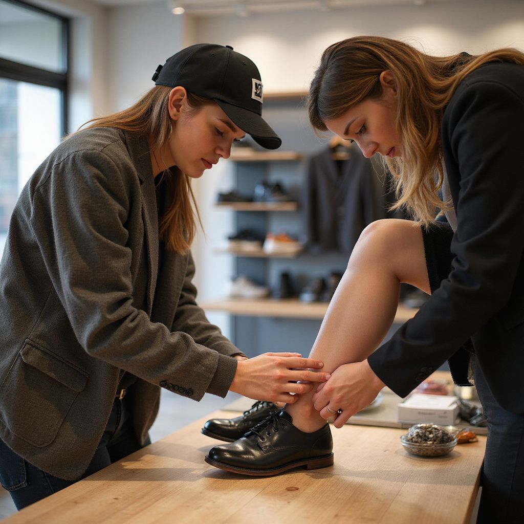 Two people fitting a shoe on a customer in a store. One person is wearing a hat, the other a blazer.