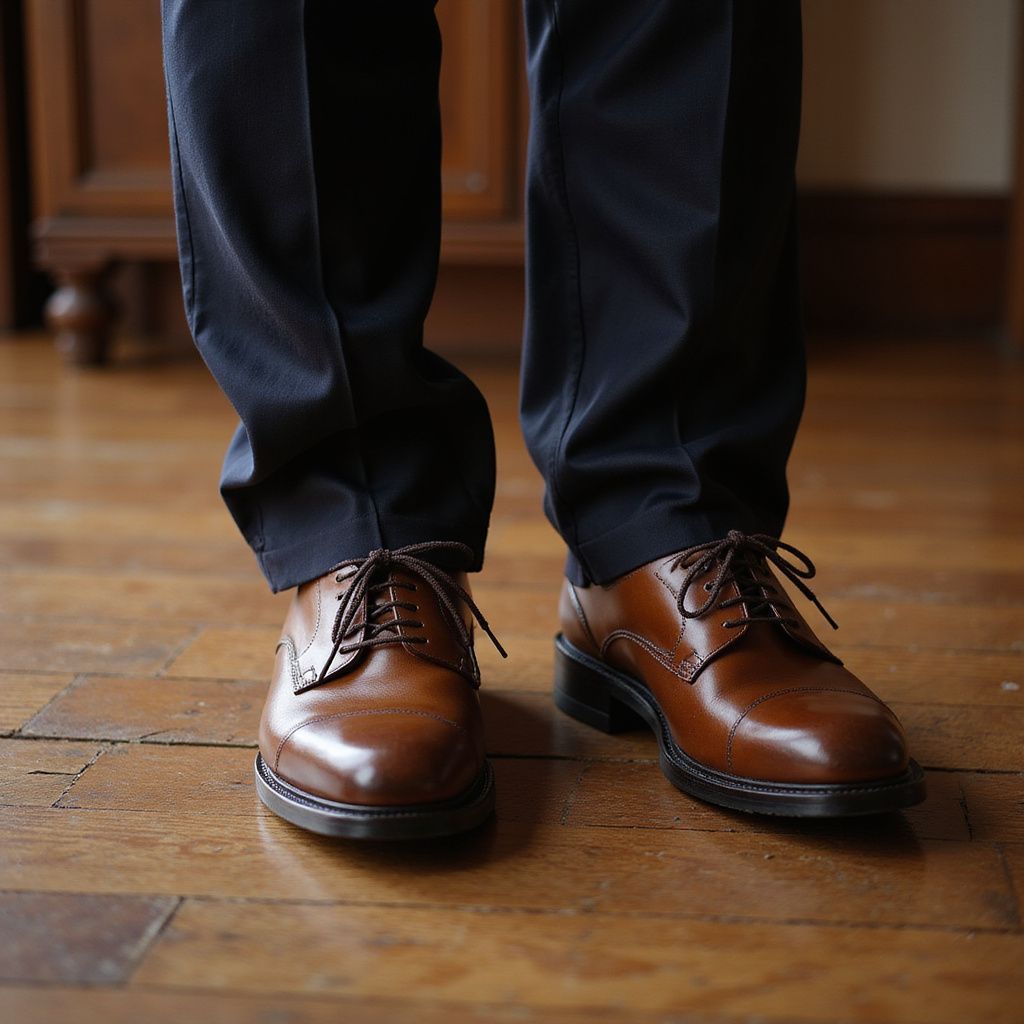 Brown leather dress shoes and navy pants on a wooden floor, viewed from the knees down.