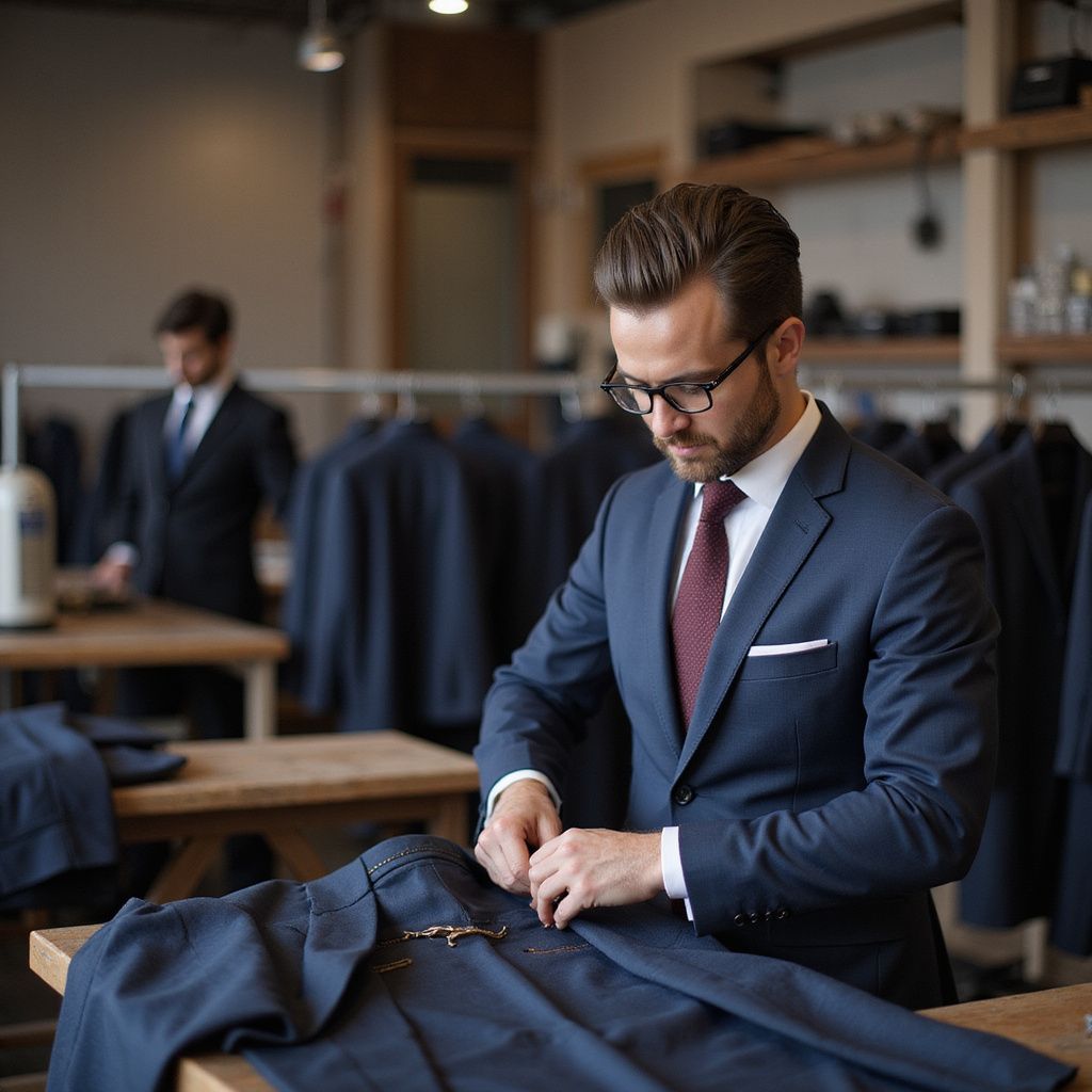 Man in suit adjusting pants on a table in a tailor shop. Another person in a suit works in the background.