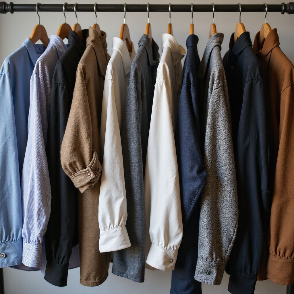 Shirts hanging on a clothes rack; various colors and patterns displayed.