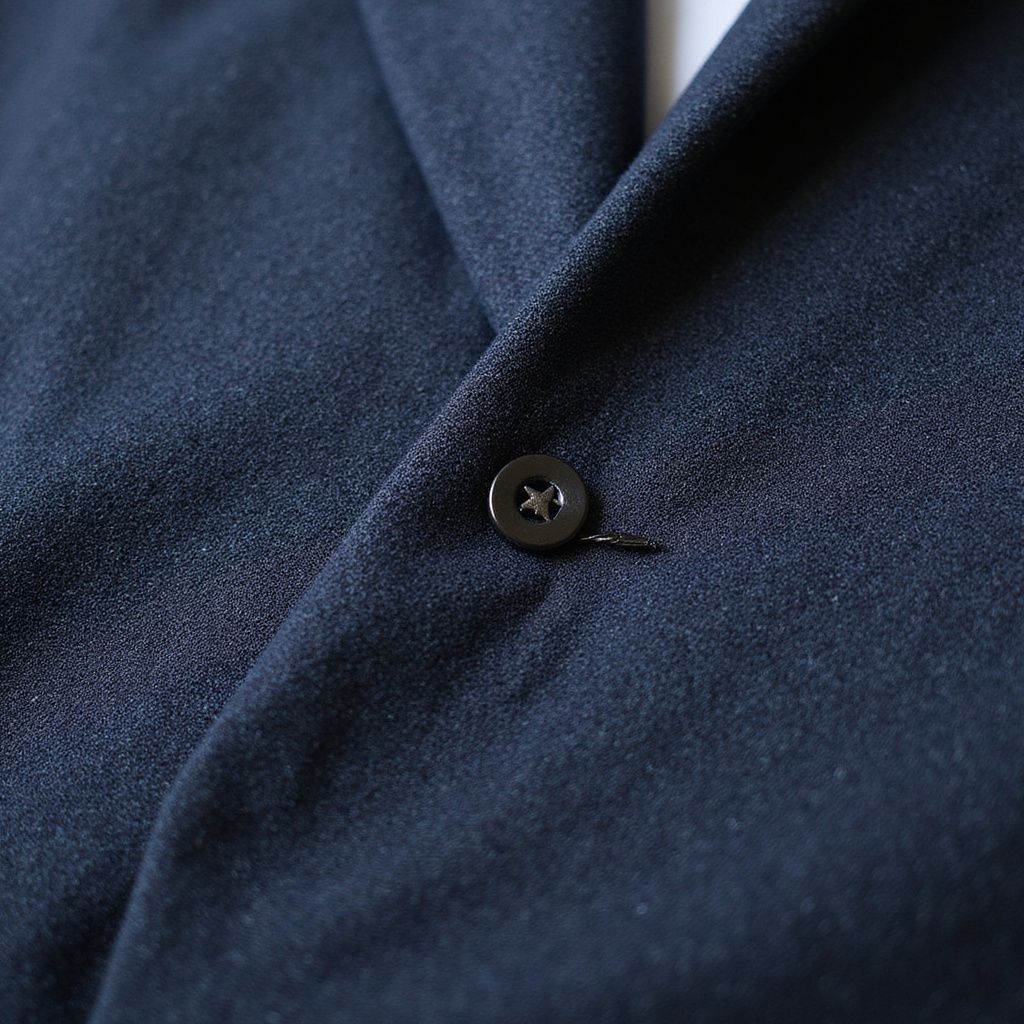 Close-up of a navy blue jacket with a dark button, showing the texture of the fabric.