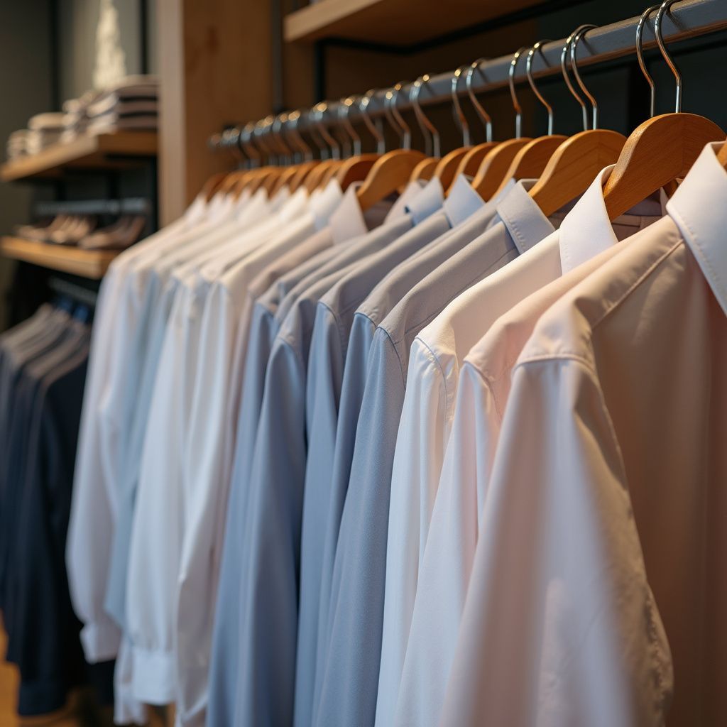 Row of button-down shirts in varying neutral colors hanging on wooden hangers in a clothing store.
