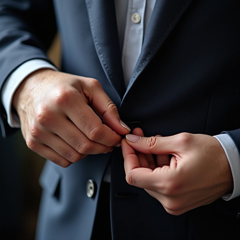 Man in blue suit buttoning his jacket, close-up shot.