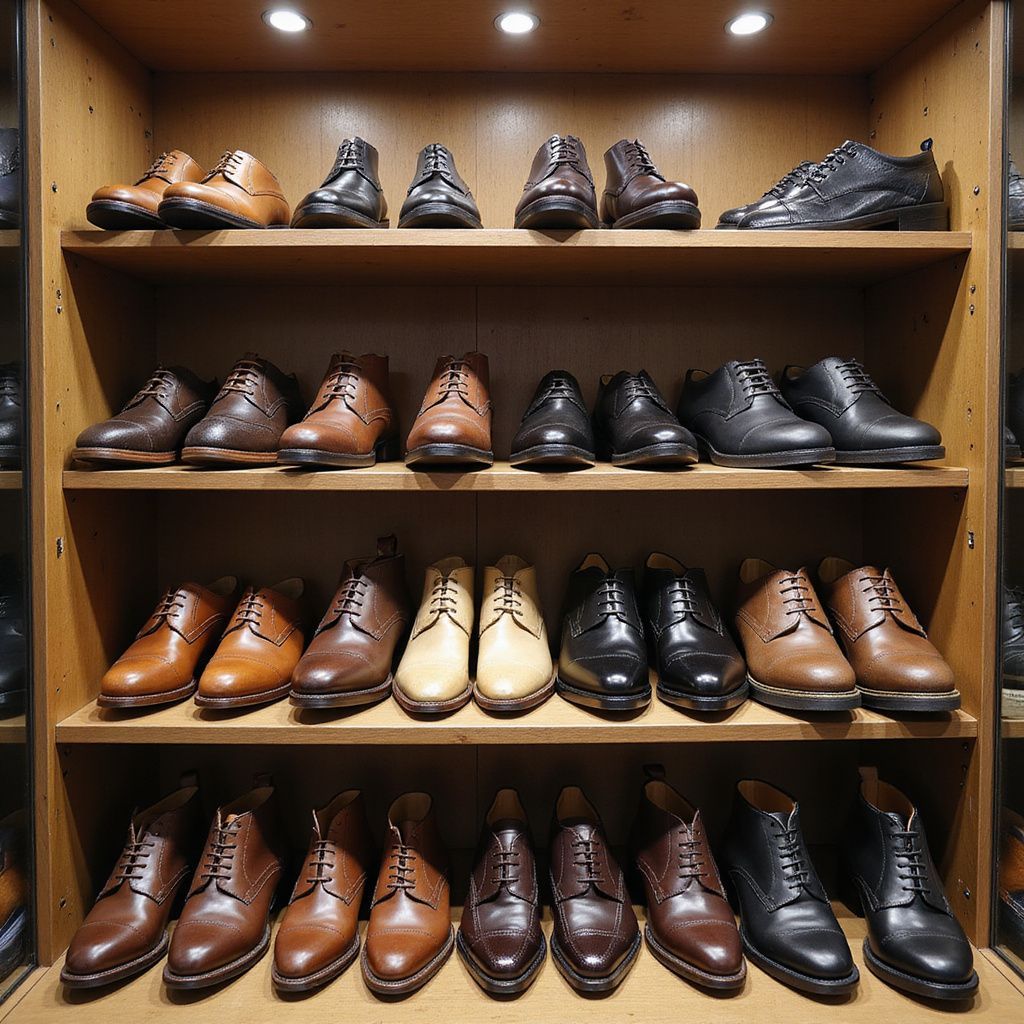 Shoes on display in a wooden shelf. Various leather shoes, mostly brown and black.