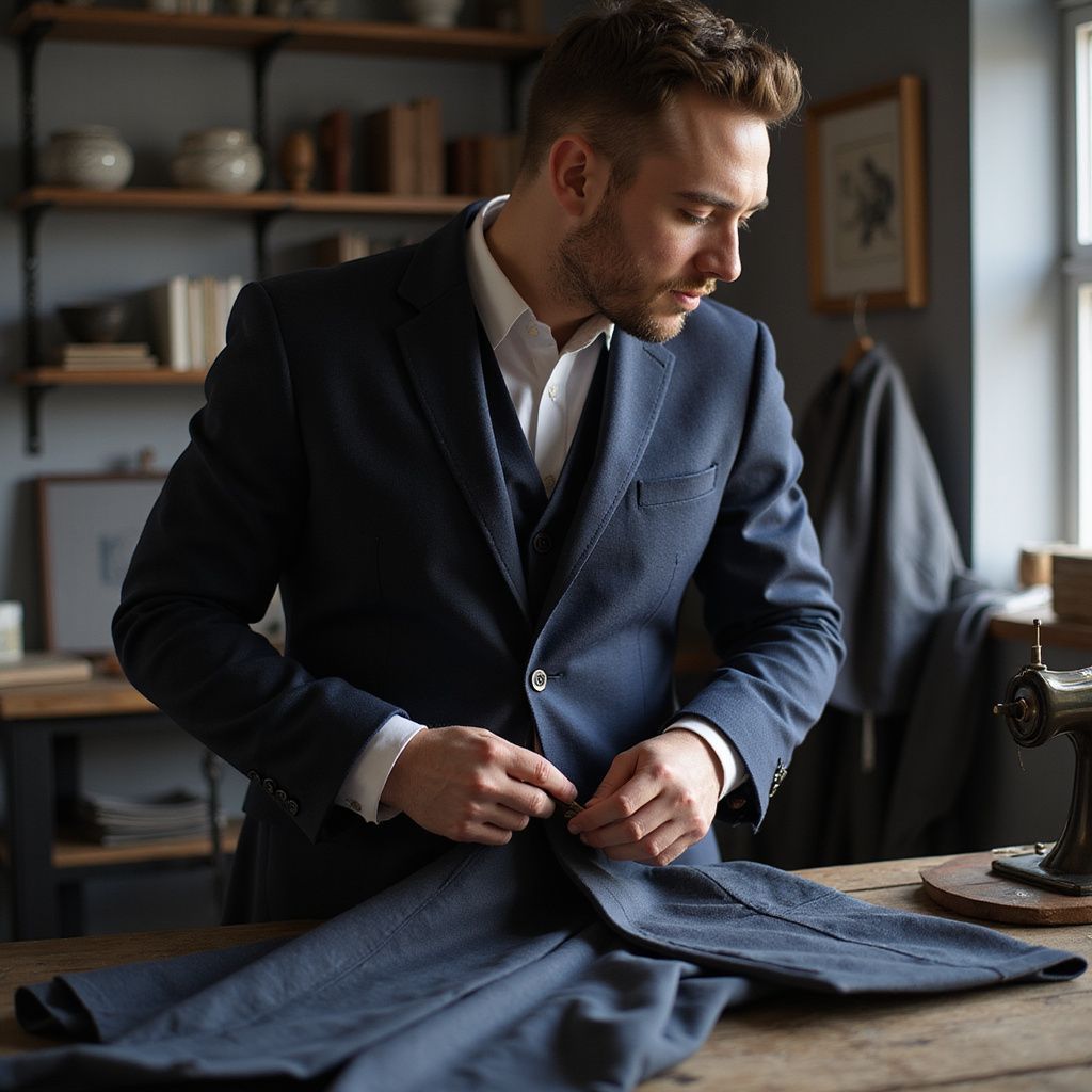 Man in blue suit buttons jacket over pants in tailor shop.