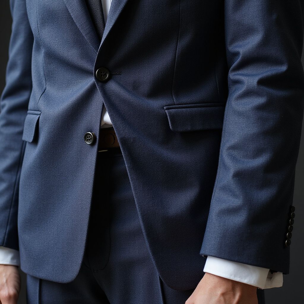 Man in dark blue suit, buttoned, with white shirt cuffs visible.