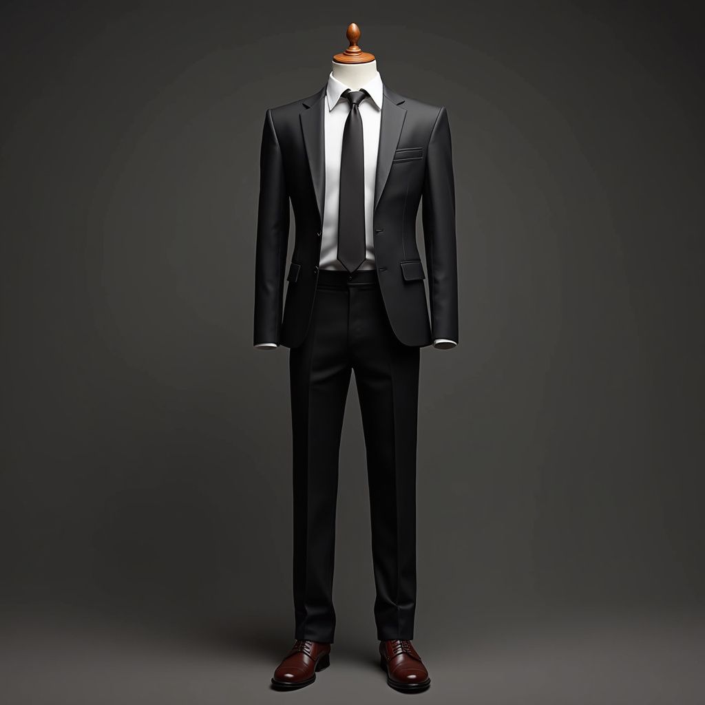 Black suit on a mannequin, with black tie and shoes, on a gray background.
