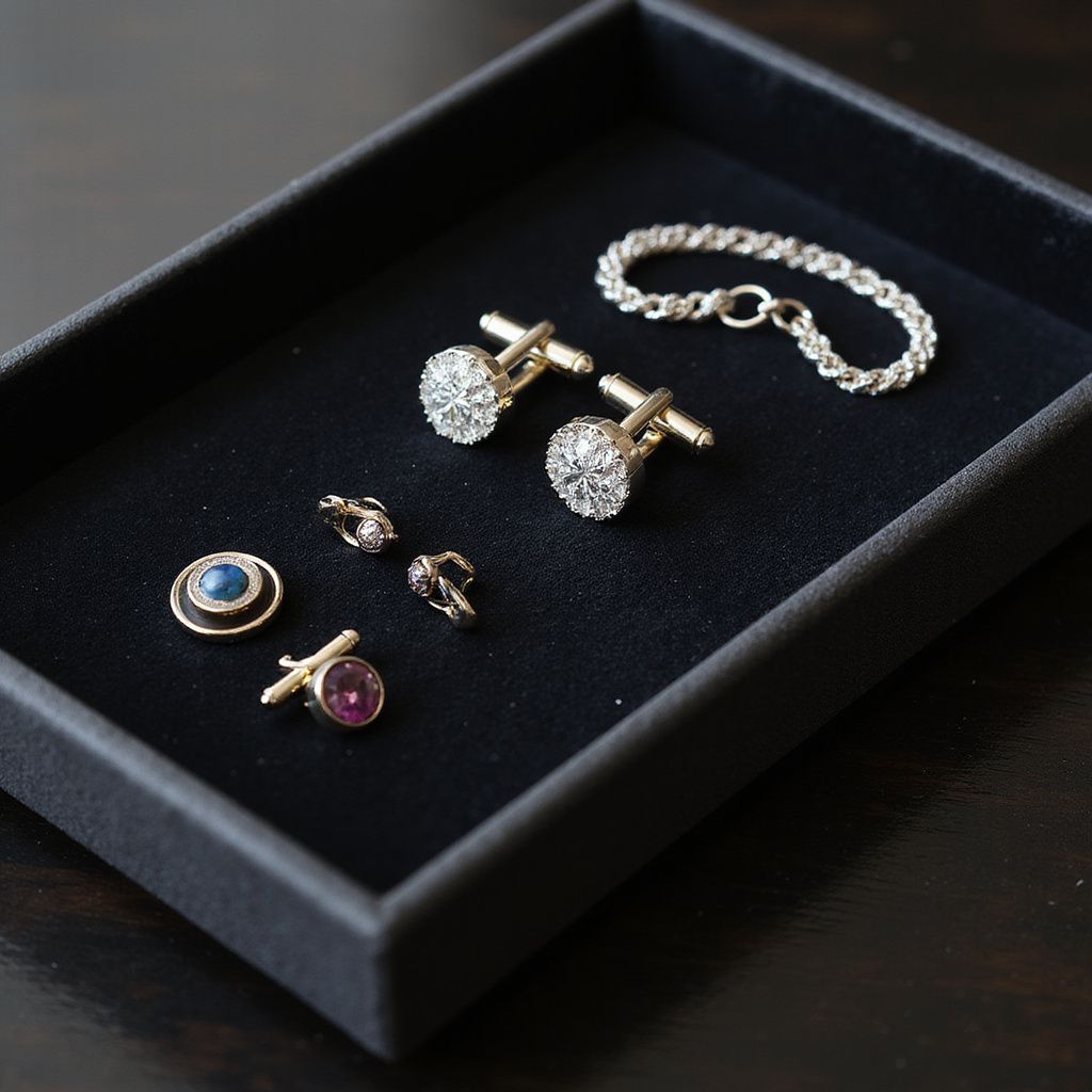 Black tray with various gold jewelry: cufflinks, buttons, and bracelet.