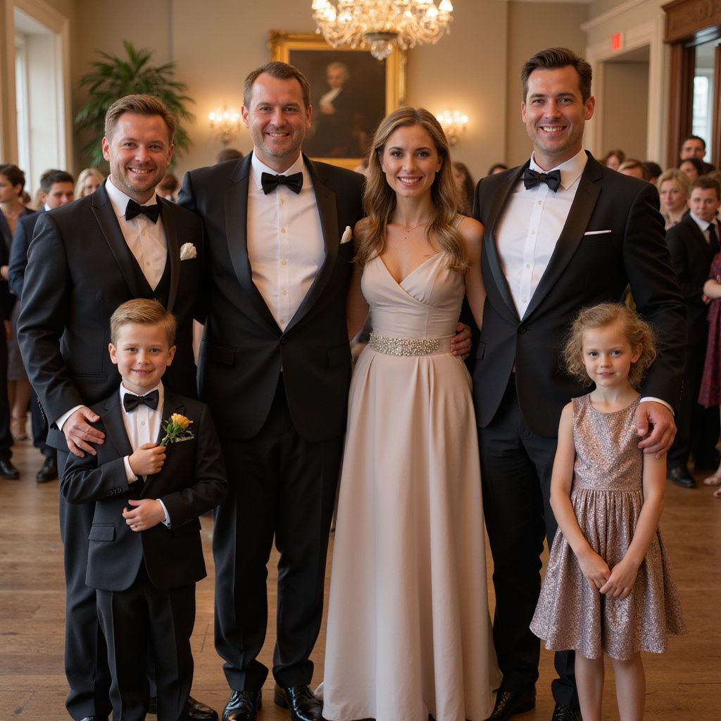 Group of people in formal wear at an event; indoor setting with chandelier.