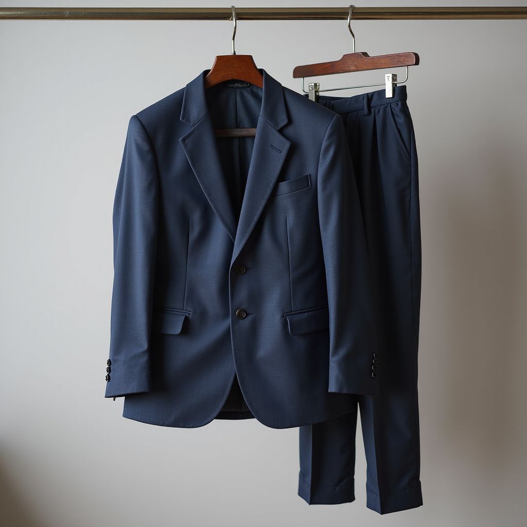 Blue suit jacket and pants hanging on wooden hangers from a clothes rack.