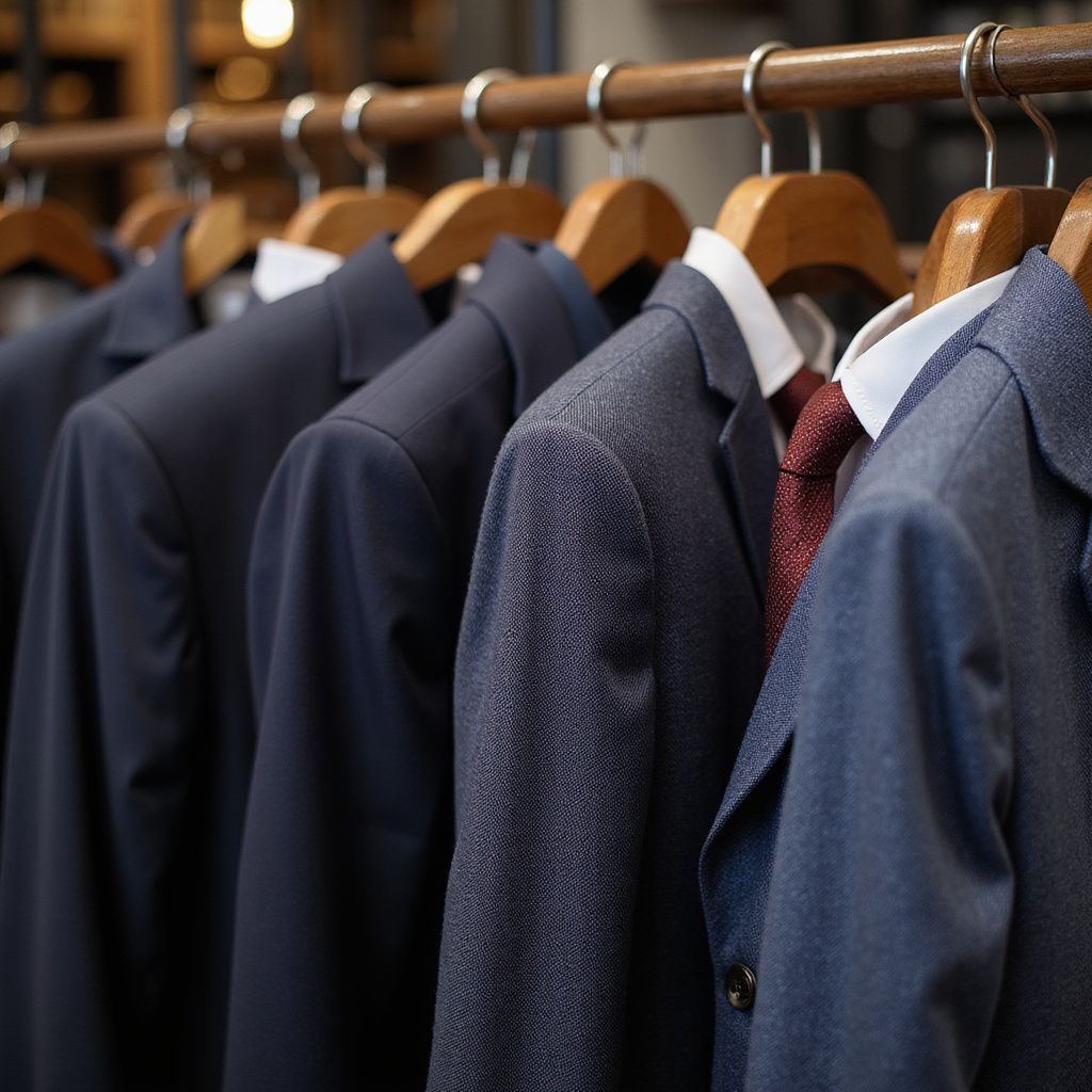 Suits hanging on a wooden rack, some with ties. Dark blue and gray jackets in a shop.