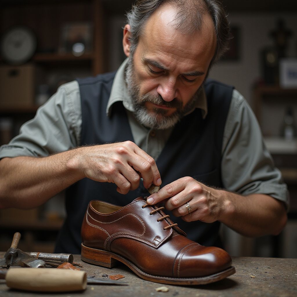 Man laces a brown leather shoe, workbench setting.