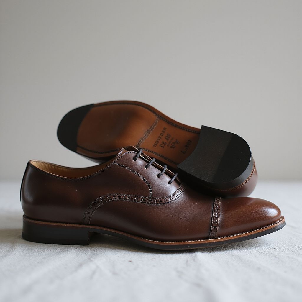 Brown leather dress shoes, one upright, one turned over, showing soles, on a white surface.