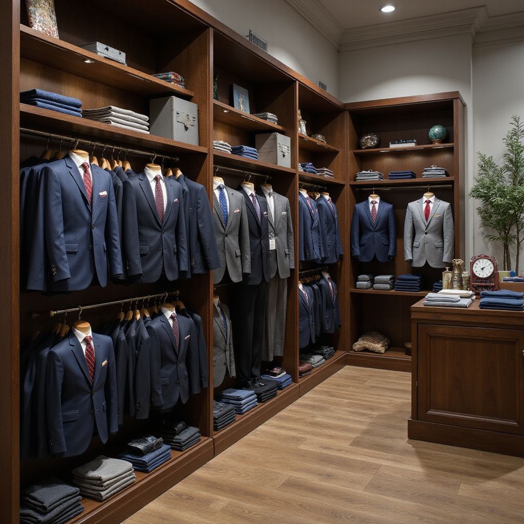Men's suit display in a retail store with wooden shelves, suits in various colors, and folded shirts.
