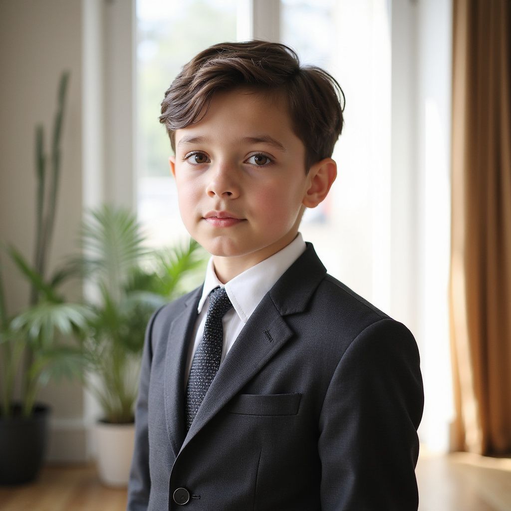 Boy in a suit and tie, posing in front of a window with plants.