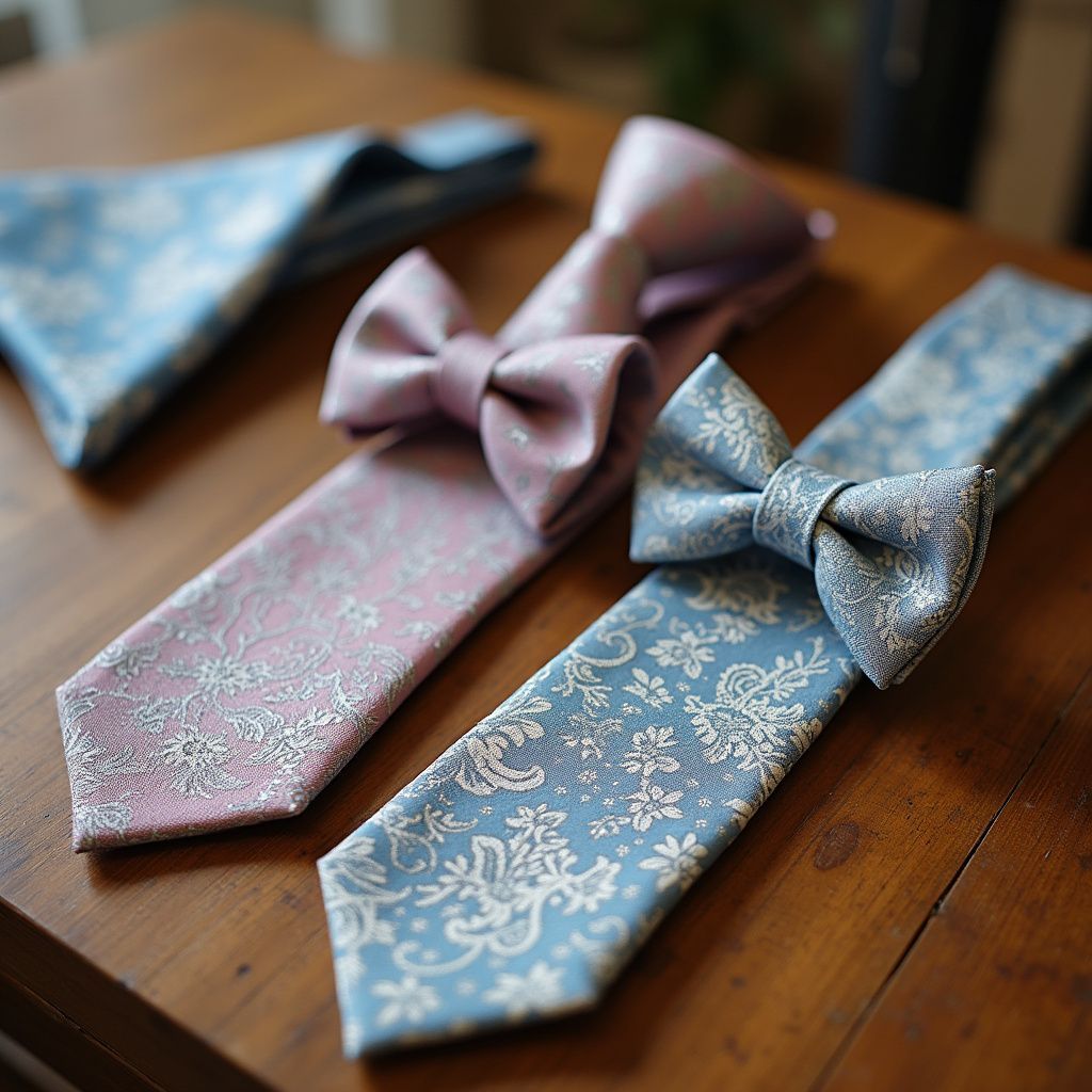 Three floral-patterned ties with bow ties on a wooden surface; one pink, one blue. A matching pocket square is at left.