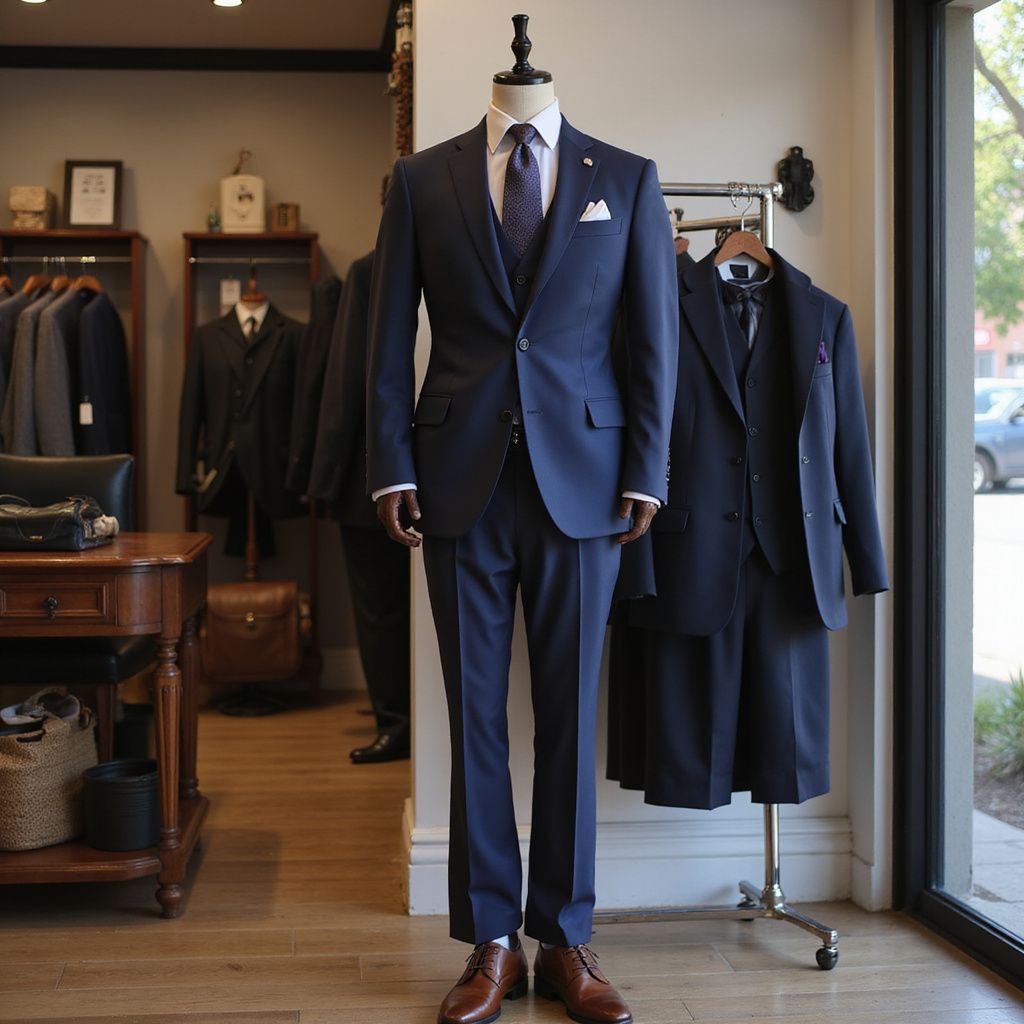 Mannequin in navy blue suit, tie, and pocket square, in a clothing store.