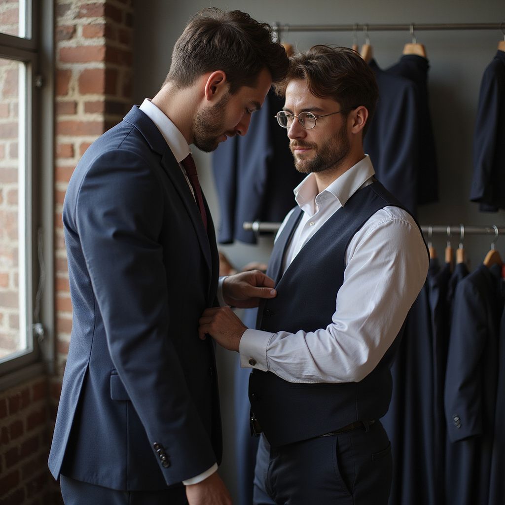 A tailor adjusts a client's suit jacket. Both men are in formal wear, in a clothing store.