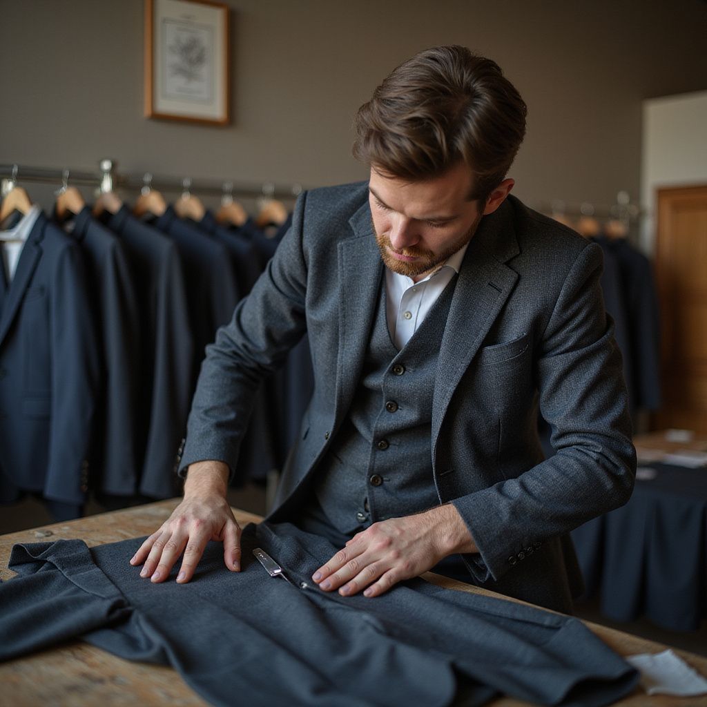 Man in gray suit tailoring a jacket on a wooden table; suits hang in the background.