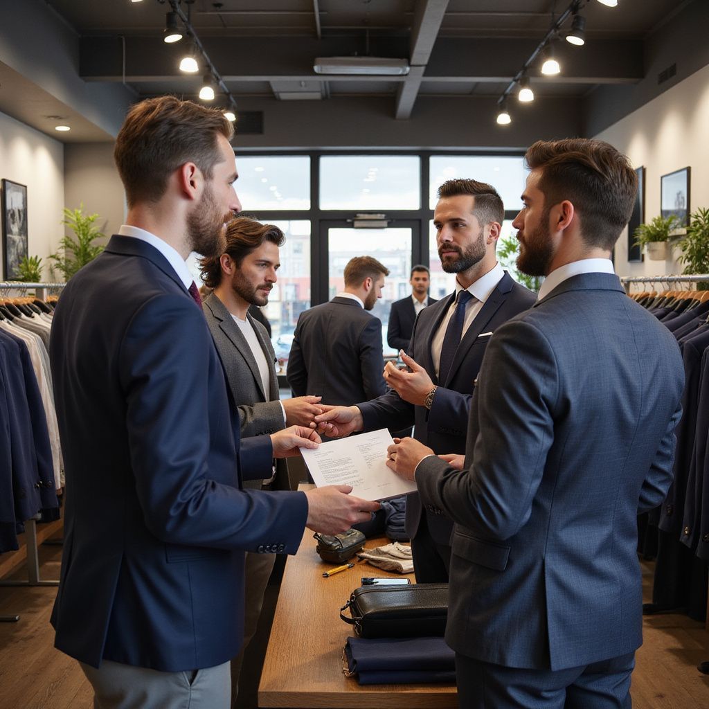 Men in suits discussing papers in a clothing store, surrounded by suits on racks.
