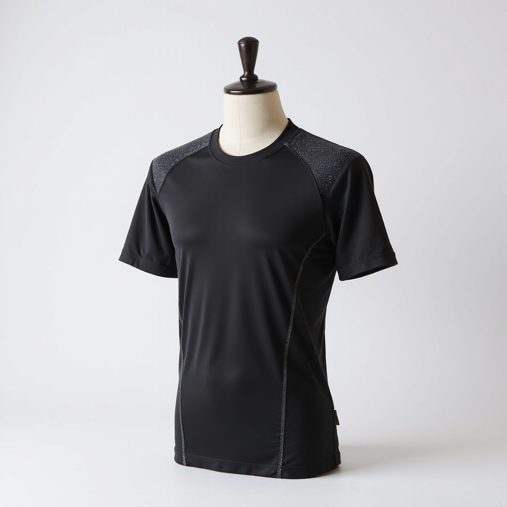 Black athletic t-shirt on a mannequin. Features gray textured shoulder panels, and light gray stitching along the sides.