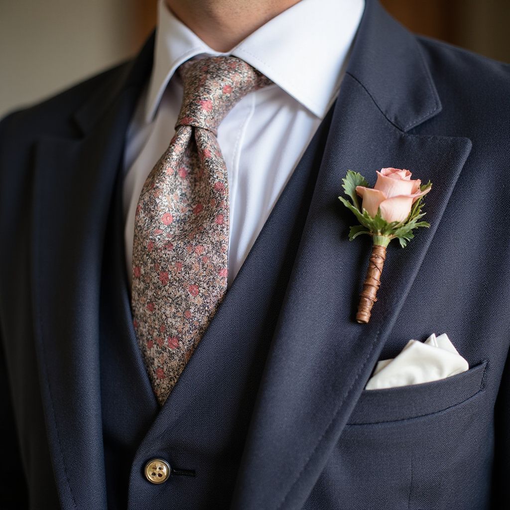 Man in a navy blue suit with floral tie, rose boutonniere, and pocket square.