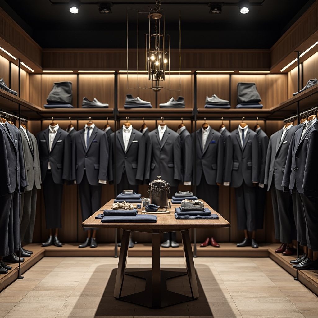 A high-end men's clothing store interior with suits on display, shoes, and a central table. Brown and black tones.