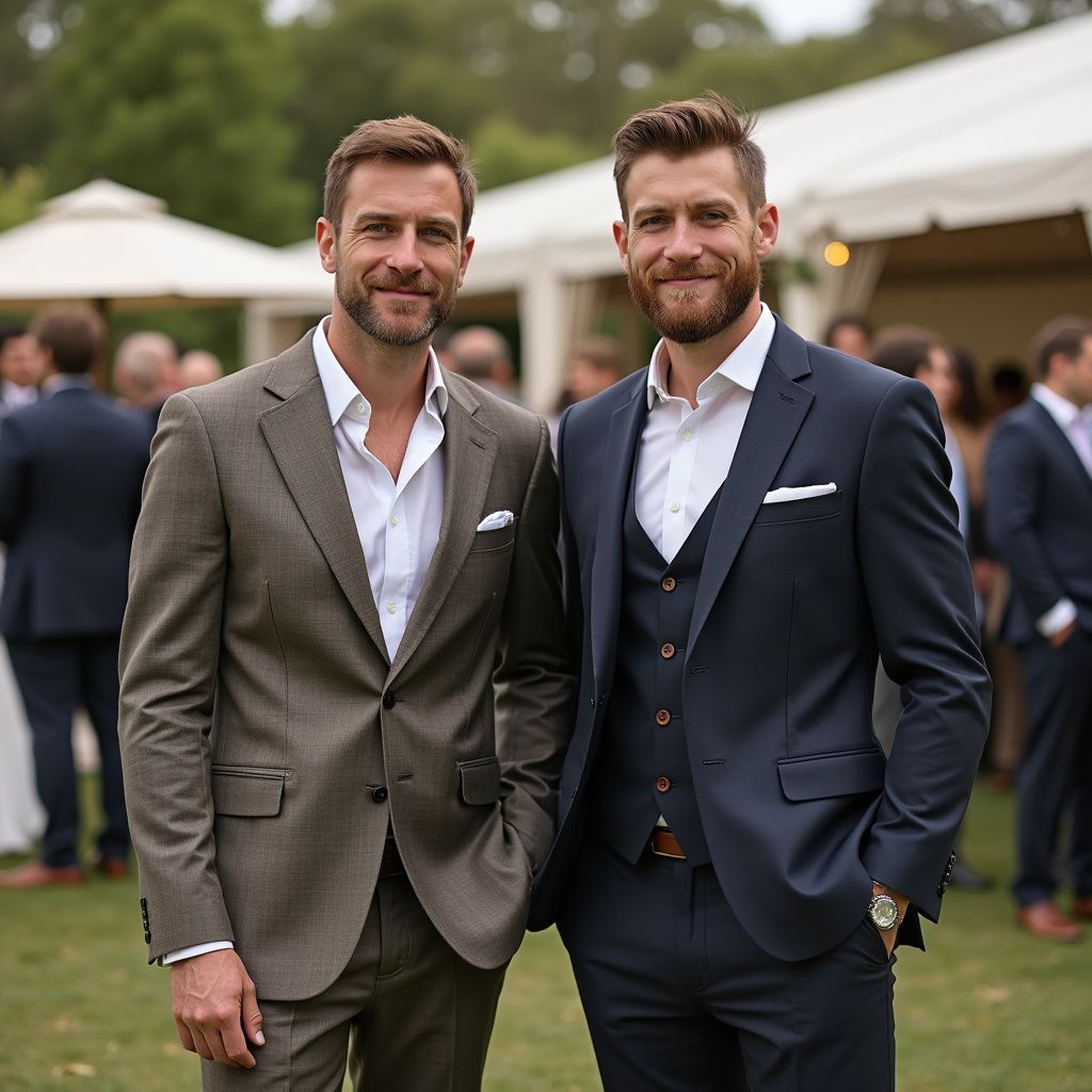 Two men in suits posing outdoors; one in brown, one in navy; smiles.