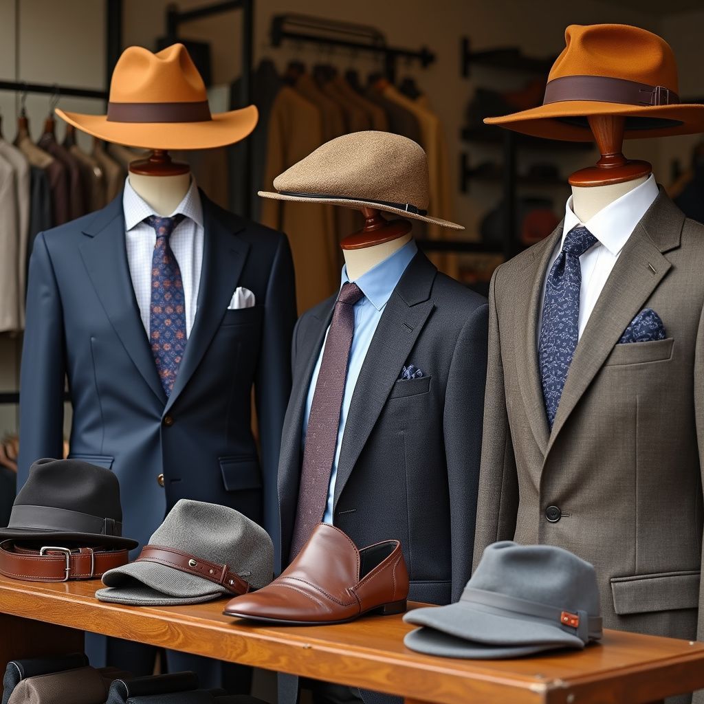Three mannequins in suits with hats; a shop display of men's clothing.