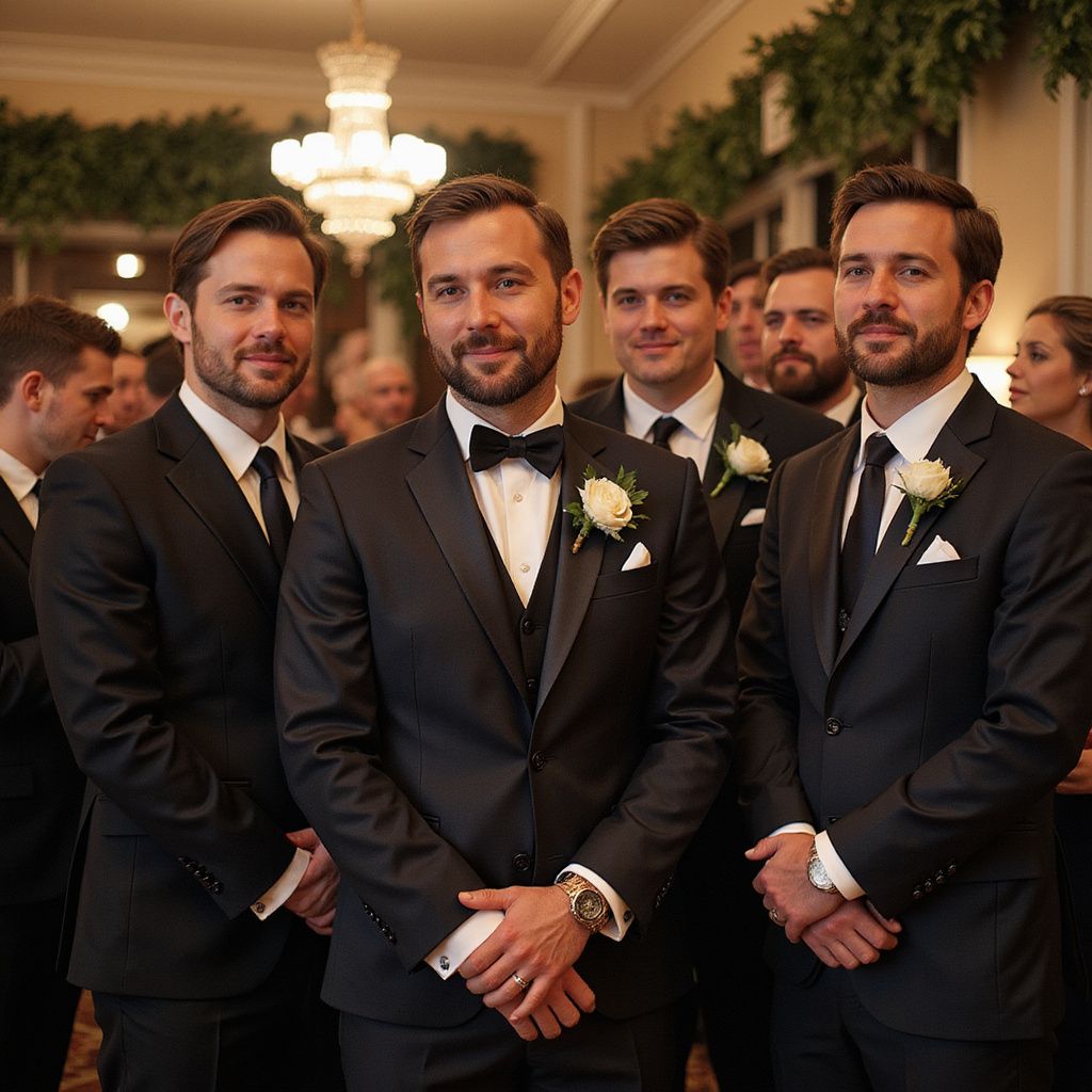 Men in tuxedos at a wedding. Four men centered, others in the background. Formal setting with greenery.