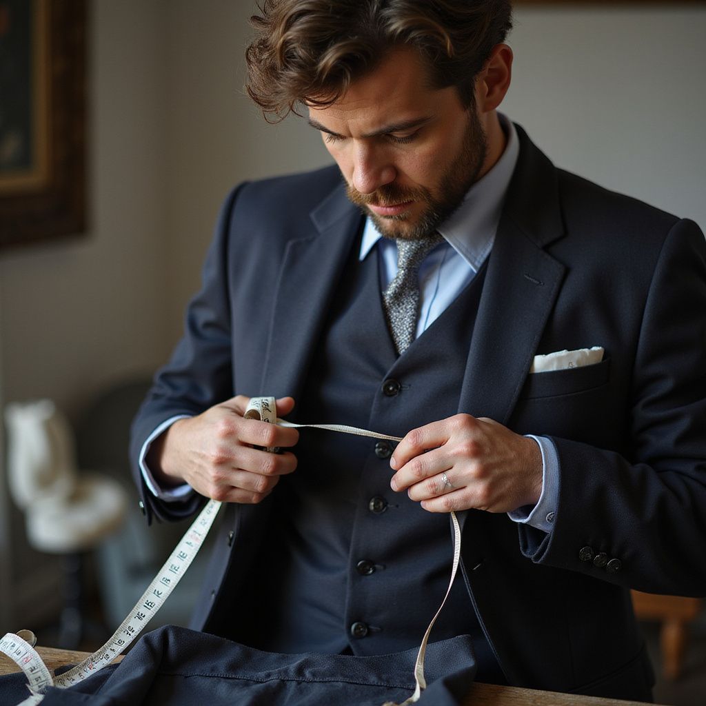 Man in tailored suit measuring garment with a tape measure.