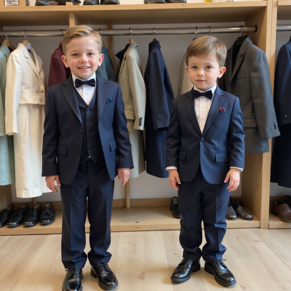Two young boys in matching navy suits, bow ties, and black dress shoes pose in a shop.