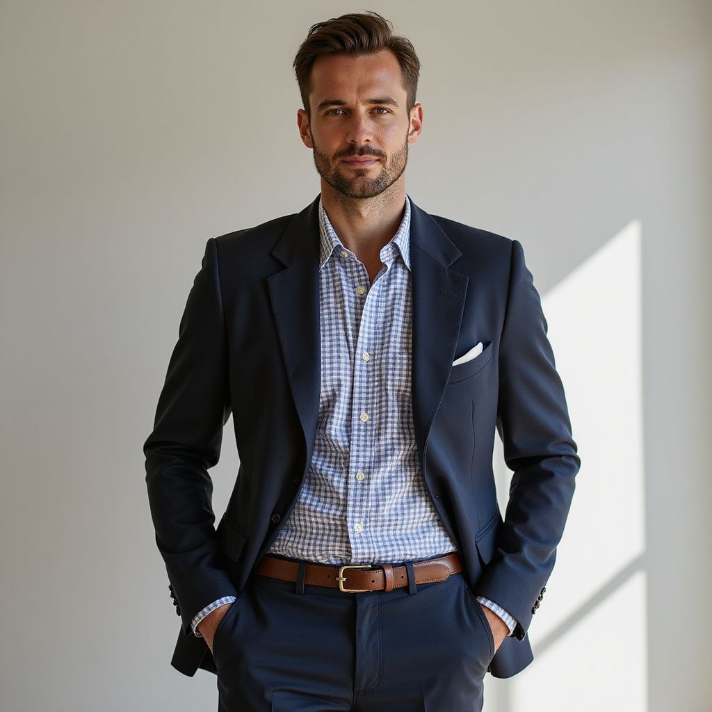 Man in a navy blue suit and patterned shirt, hands in pockets, against a light gray wall.