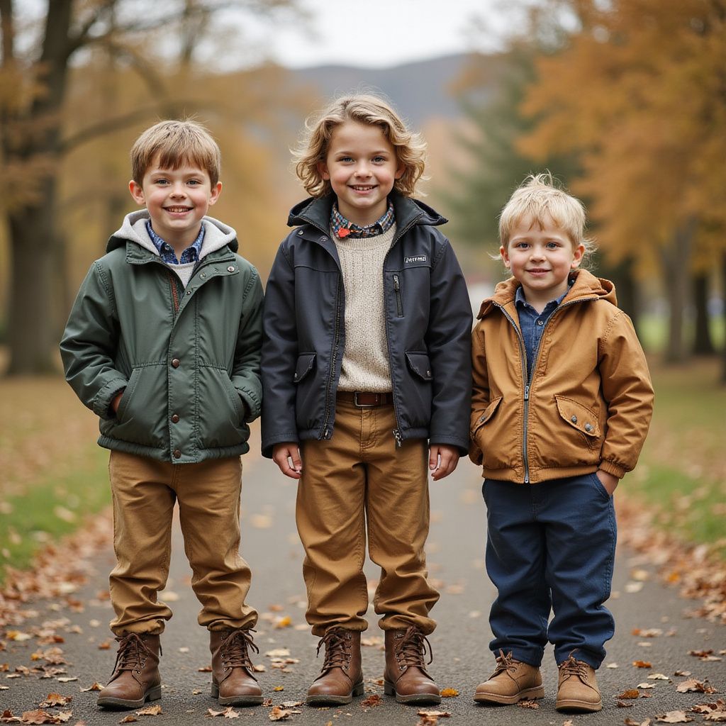 Three boys in jackets stand on a leaf-covered path. Fall colors in the background. They smile.